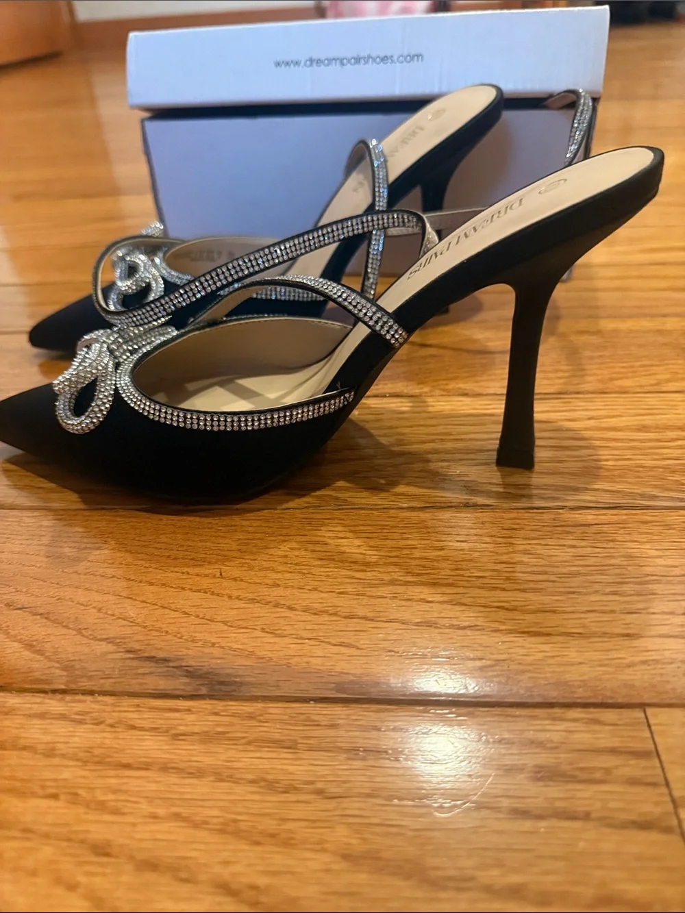 Dream Pairs Black Satin Pointed Mule Heels with Crystal Bow Accent